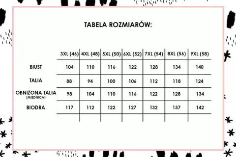 Tabela rozmiarów odzieży plus size: biust, talia, obniżona talia, biodra. Rozmiary od 3XL (46) do 9XL (58).