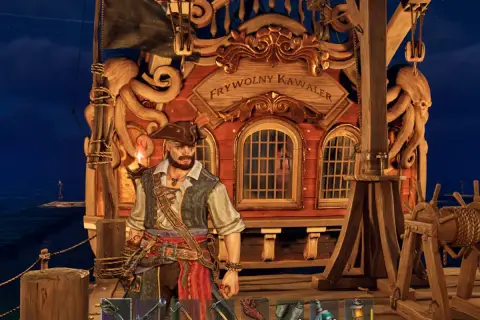 Piracki kapitan na tle statku "Frywolny Kawaler". Wspaniała grafika z gier o piratach.