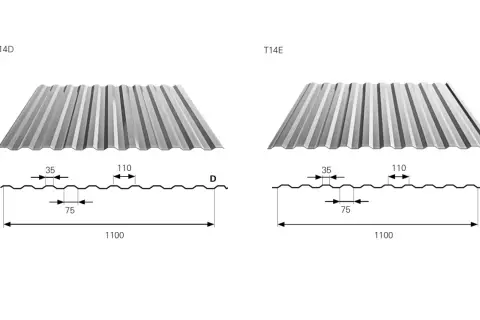 Dwa profile blachy trapezowej T14D i T14E z wymiarami: szerokość 1100 mm, wysokość fali 35 mm, rozstaw fal 75 mm i 110 mm.