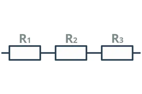 Schemat obwodu elektrycznego z trzema rezystorami R1, R2, R3 połączonymi w połączenie szeregowe.