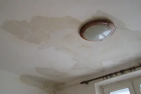 Plamy na suficie świadczą o jego higroskopijności i problemach z wilgocią. Widoczna lampa sufitowa i fragment okna.