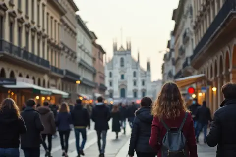 Tłum ludzi spaceruje ulicą w Mediolanie, w tle widać katedrę. Czy Mediolan jest bezpieczny? Wydaje się, że tak, ludzie swobodnie się poruszają.