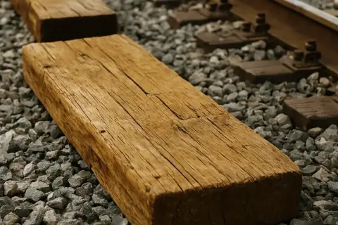 Stare, drewniane podkłady kolejowe czekają na utylizację. Widać szuter i fragmenty torów.