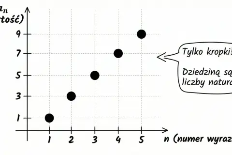 Wykres punktów (1,1), (2,3), (3,5), (4,7), (5,9) ilustruje ciąg zbieżny, gdzie dziedziną są liczby naturalne.