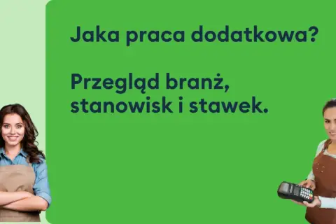 Dwie kobiety w fartuchach, jedna z uśmiechem, druga z terminalem płatniczym. Tekst: "Jaka praca dodatkowa? Przegląd branż, stanowisk i stawek.