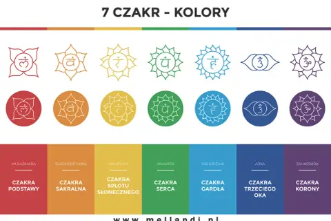 Grafika przedstawia 7 czakr, w tym czakrę sakralną w kolorze pomarańczowym, symbolizującą kreatywność i emocje.