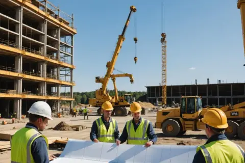 Budowlaniec w kasku i kamizelce odblaskowej analizuje plany na budowie. W tle widać dźwigi i konstrukcję budynku. Ciekawe, ile zarabia budowlaniec?
