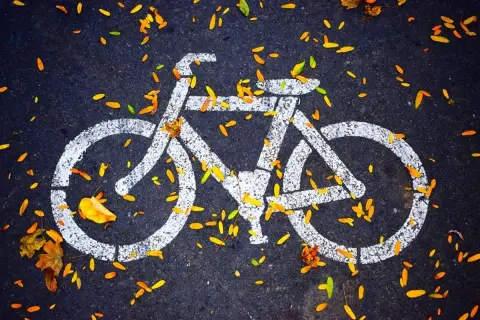 Znak roweru na asfalcie, zasypany jesiennymi liśćmi. To jak symboliczne prawo jazdy na rower, gotowe do jesiennych przejażdżek.