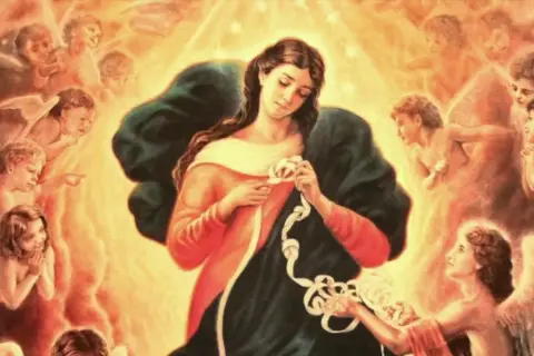 Mary, Rozwiązująca Węzły, z aniołami wokół, symbolizuje nadzieję i rozwiązanie problemów. Nowenna rozwiązująca węzły świadectwa.