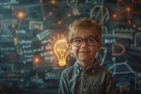 Chłopiec w okularach z żarówką nad głową, symbolizującą pomysłowość, która czyni detektywa literackiego unikalnym.