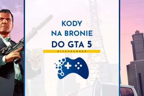 Michael z GTA 5 trzyma broń. Obok tekst "Kody na bronie do GTA 5" i logo z padem.