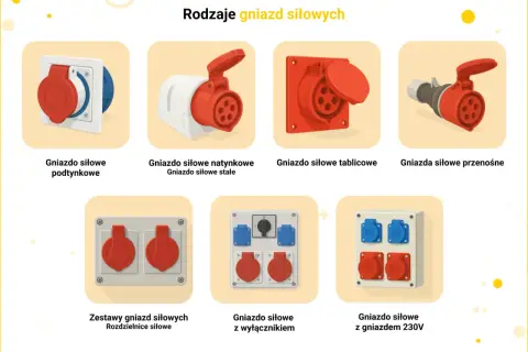 Różne rodzaje gniazd siłowych: podtynkowe, natynkowe, tablicowe, przenośne, zestawy oraz z wyłącznikiem i gniazdem 230V.