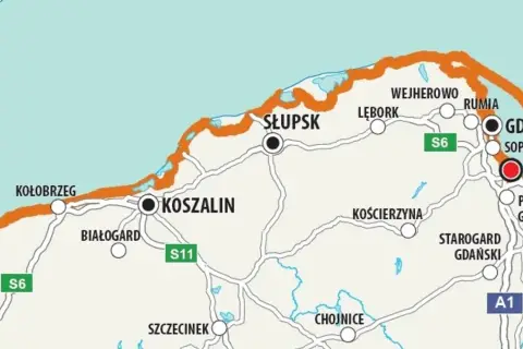 Mapa Velo Baltica pokazuje trasę rowerową wzdłuż wybrzeża Bałtyku, od Kołobrzegu przez Słupsk, Trójmiasto do okolic Malborka.