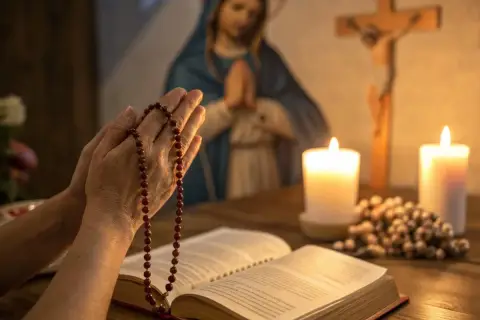 Dłonie trzymające różaniec, modlitwa o pracę. W tle figura Matki Boskiej, krzyż i świece.