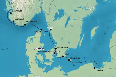 Trasa podróży samochodem do Szwecji przez Danię i Morze Bałtyckie, z przystankami w Kopenhadze, Ystad i Bornholmie, a następnie do Gdańska.