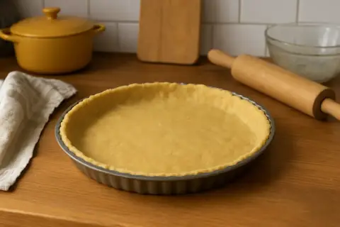 Une pâte brisée sans beurre, prête à être garnie, repose dans un moule à tarte. Un rouleau à pâtisserie et une serviette sont à proximité.