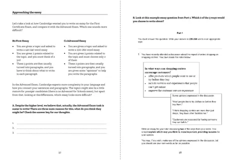 Comparativa de redacción de ensayos Cambridge C1 y B2. Se detalla la estructura y requisitos de cada uno, con un ejemplo de pregunta para el C1.