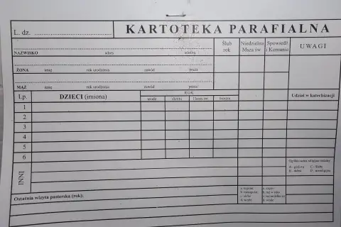 Formularz "Kartoteka Parafialna" do wpisywania danych o rodzinie: nazwisko, adres, dane małżonków, dzieci, ich chrzty, komunia, bierzmowanie.