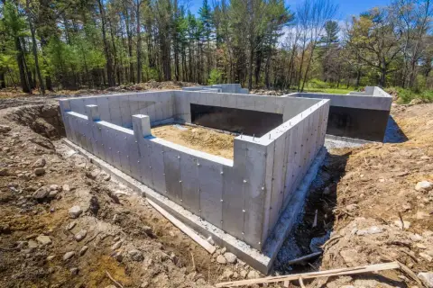Solidny ruszt fundamentowy z betonu, gotowy na budowę domu. Otoczony ziemią i drzewami, czeka na kolejne etapy prac.
