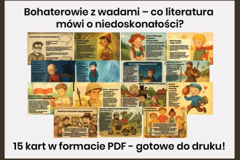 Ilustracje przedstawiają bohaterów literackich, ukazując różne typy temperamentów. Od Pinokia po Harry'ego Pottera, literatura pokazuje, że niedoskonałości czynią postacie interesującymi.
