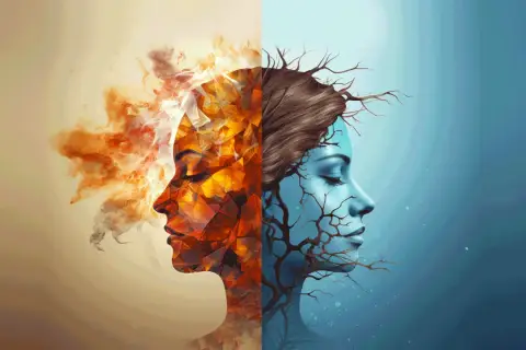 Volto diviso: metà fuoco e calore, metà ghiaccio e rami secchi. Un bipolare può vivere da solo, affrontando le sue dualità.