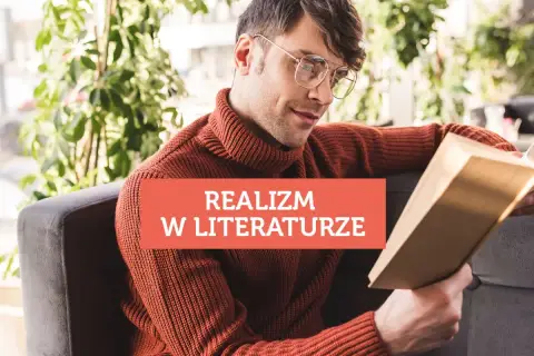 Mężczyzna w okularach czyta książkę o realizmie w literaturze, łącząc utopijny i realny obraz rzeczywistości.