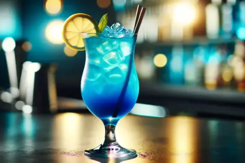 Orzeźwiający blue lagoon drink z lodem, plasterkiem cytryny i miętą, stojący na barze w klubie.