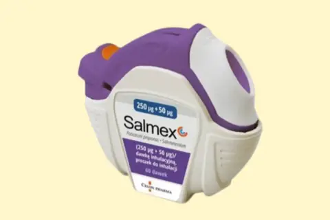 Fioletowo-biały inhalator Salmex, zawierający lek na astmę.