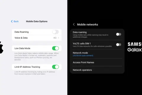 Ustawienia iPhone i Samsung Galaxy pokazują opcje roamingu danych. Dowiedz się, jak wyłączyć roaming w Plusie, aby uniknąć dodatkowych opłat.