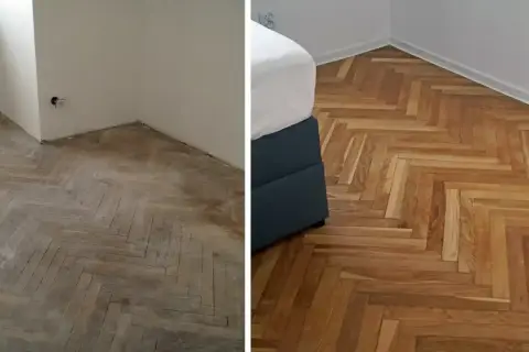 Przed i po cyklinowaniu parkietu. Zobacz, ile kosztuje cyklinowanie parkietu i jak odmienić wnętrze.