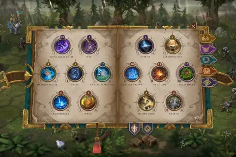 Menu umiejętności z gry heroes 8: Unnatural Calm, Web, Despair, Cleansing Ray, Healing Water, Haste, Energy Explosion, Crystal Crown, Fire Globe, Fatal Decay, Thunderbolt, Wean, Second Song, Cave In.