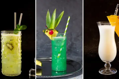 Trzy orzeźwiające drinki z rumem: zielony z kiwi, niebieski z ananasem i wiśnią, oraz biały koktajl.