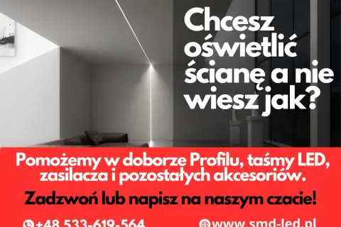 Nowoczesne oświetlenie ściany z taśmą LED. Pomożemy dobrać profil i szerokość taśmy LED. Zadzwoń!