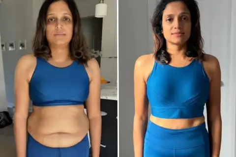 Kobieta przed i po metamorfozie. Zmagała się z problemem skinny fat, ale dzięki zmianom w stylu życia osiągnęła widoczne rezultaty.