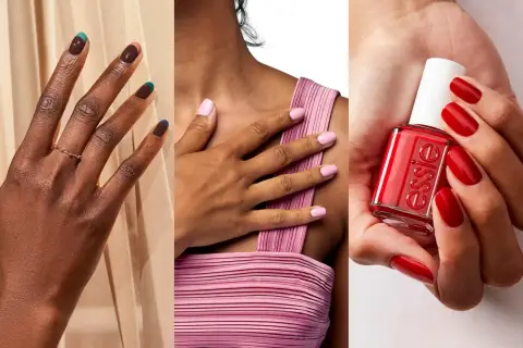Tre olika looks med essie gellack: mörka naglar med färgdetaljer, ljusrosa naglar och klassiskt rött med en flaska essie.