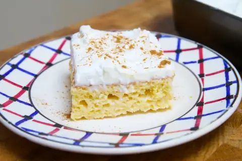 Un trozo de tarta tres leches, esponjoso y cubierto de crema batida con canela, servido en un plato decorado.