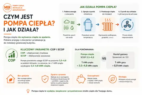 Pompa ciepła: czy się opłaca? Porównanie z kotłem gazowym, oszczędność i ekologia. SCOP 3,5-4,8 oznacza 3,5-4,8 kWh ciepła z 1 kWh prądu.