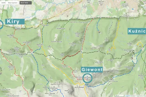 Mapa Tatr z zaznaczonymi szlakami. Od Kir do Giewontu jest ok. 10 km.