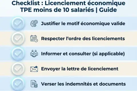 Checklist pour un licenciement économique en TPE de moins de 10 salariés : justifier le motif, respecter l'ordre, informer, envoyer la lettre et verser les indemnités.