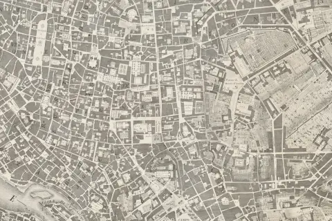 Stary plan zagospodarowania terenu z zaznaczonymi ulicami, placami i budynkami. Widać fragmenty Rzymu z epoki.