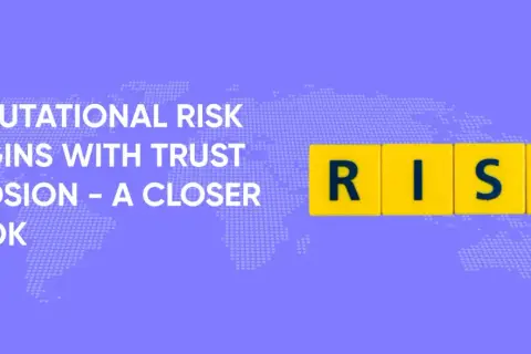 Reputational risk management: "Reputational risk begins with trust erosion - a closer look." The word RISK is spelled out in yellow tiles.