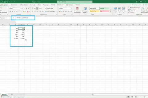 Wartość bezwzględna w Excelu: formuła =MODUŁ.LICZBY(D5) oblicza wartość bezwzględną liczby z komórki D5.