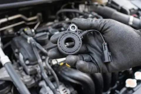 Mechanik w czarnej rękawiczce trzyma nowy czujnik spalania stukowego, gotowy do montażu w silniku samochodu.