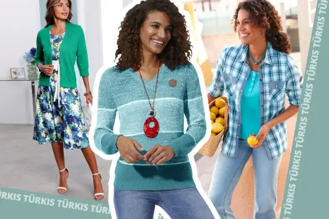 Drei Frauen präsentieren Outfits. Eine trägt ein türkisfarbenes Kleid mit grüner Strickjacke. Eine andere einen türkisfarbenen Pullover. Die dritte eine türkisfarbene Bluse.