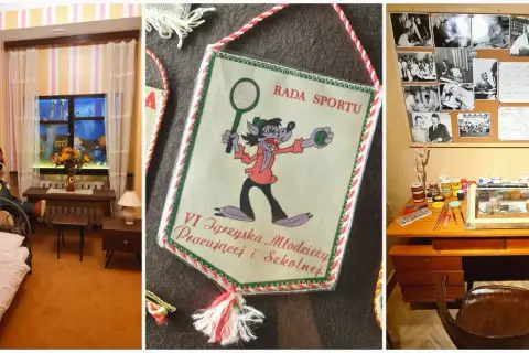 W muzeum bajek Rzeszów zobaczysz pokój z pluszowym misiem, baner sportowy z wilkiem i biurko artysty.