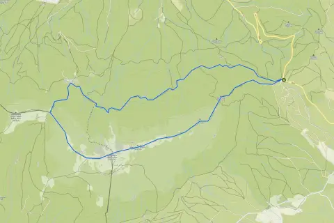 Mapa szlaku turystycznego przez polskie Karpaty, z zaznaczoną trasą od schroniska Markowe Szczawiny na Babią Górę.