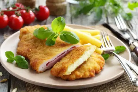 Schab po szwajcarsku z serem i szynką, panierowany, podany z makaronem i bazylią.