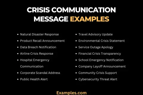 Examples of crisis communication, including natural disaster response, product recalls, data breaches, and public health alerts.