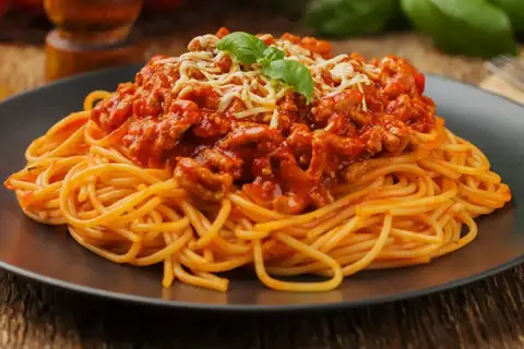 Pyszne spaghetti z sosem bolognese, idealne pytanie: jakie mięso do spaghetti? Na talerzu porcja makaronu z mielonym mięsem w sosie pomidorowym, posypane serem i bazylią.
