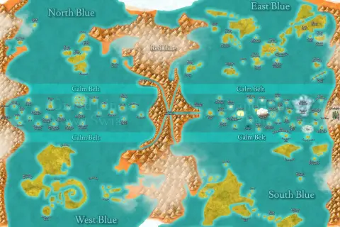Mapa świata z One Piece, ukazująca cztery morza: North Blue, East Blue, South Blue i West Blue, oraz Grand Line z Red Line i Calm Belt. Wiele wysp i królestw, jak Wano czy Dressrosa, czeka na odkrycie.